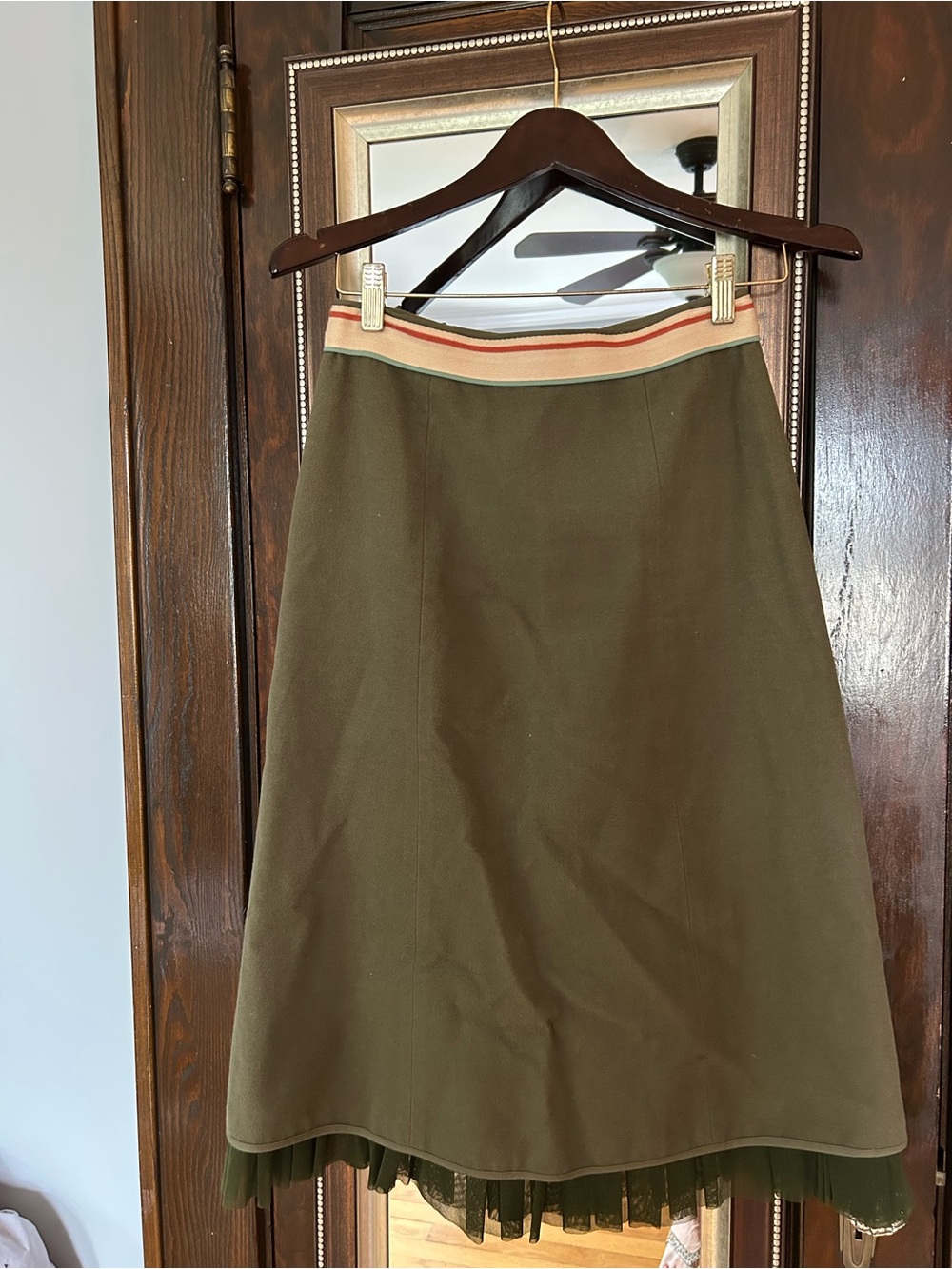 Anthropologie Sleeping on Snow Olive Midi Skirt w/ Striped Waist & tulle hem, 2
